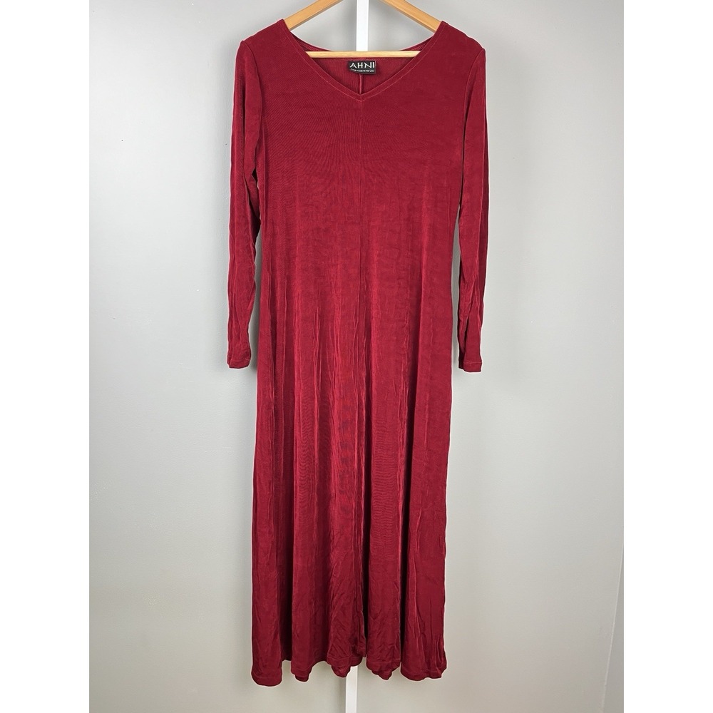 AHNI Handmade Maxi Dress Size 2 Womens L Maroon Red Slinky‎ Long Sleeve